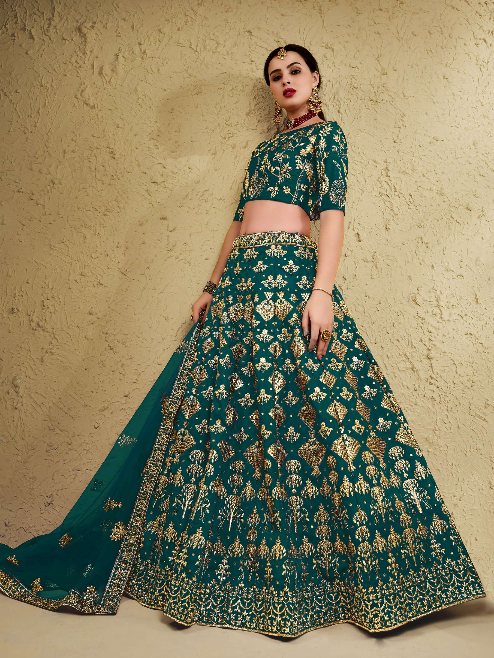  Emerald Colour with fancy Heritage Embroidered work on art silk fabric Lehenga Choli 7055 Green